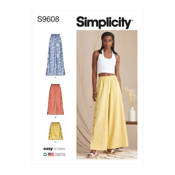 Simplicity sewing pattern S9608 envelope featuring a model wearing a long, yellow skirt with a side button detailing. To the left, illustrations of three skirt variations (A, B, C) are shown in blue floral, coral, and yellow floral fabrics.