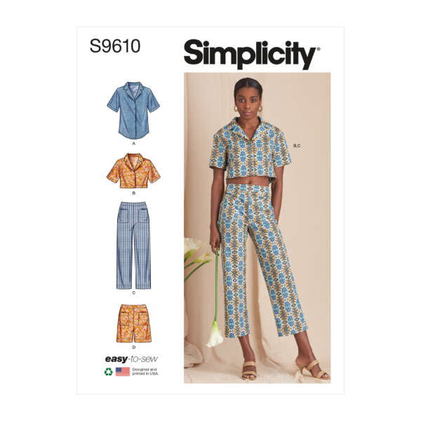 Pattern cover from Simplicity labeled S9610. Shows various designs: a short-sleeve button-up shirt, a cropped shirt with short sleeves, wide leg pants, and shorts. A model wears a matching cropped shirt and pants with a blue and yellow geometric pattern.