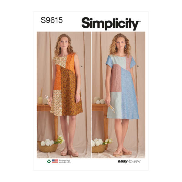 Pattern cover for Simplicity S9615, featuring two women wearing different versions of the same dress pattern. One wears a patchwork dress in orange and yellow hues, while the other wears a color-blocked dress in blue, pink, and gray. The text says "easy-to-sew.