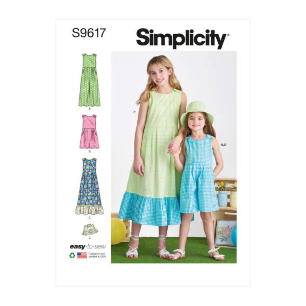 Simplicity sewing pattern S9617 for girls' dresses is shown. The cover features two models wearing gingham dresses and sun hats. Illustrations of additional dress variations in green, flowered, and blue checkered fabrics are displayed on the left.