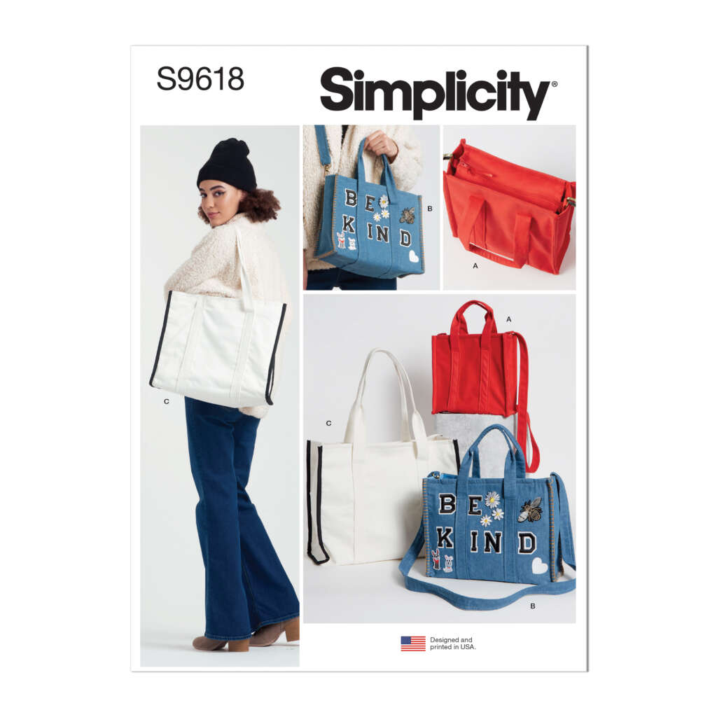 A sewing pattern cover, "Simplicity S9618," showcases a model holding a white tote bag (design C). The cover also features images of different tote bag designs: a red bag (design A), a white bag (design C), and a denim bag with "BE KIND" text (design B).