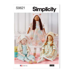 A sewing pattern envelope from Simplicity (S9621) featuring three handmade dolls with long hair, wearing animal-themed outfits. Two dolls are in dresses, and one is in pajamas. Each has accessories like bows, hats, or animal ears.