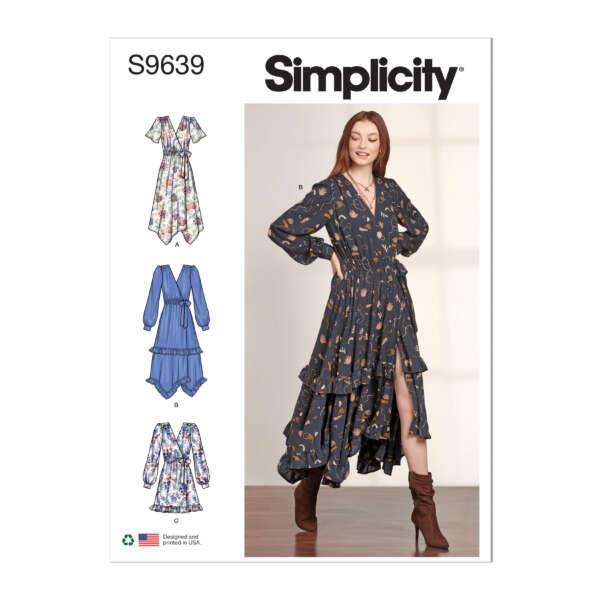 Cover image of Simplicity sewing pattern S9639. It shows a smiling woman wearing a dark, floral-patterned tiered dress with long sleeves and high-low hem. To the left, there are illustrations of three different variations of the dress, labeled A, B, and C.