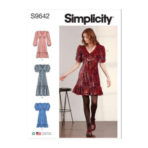 A Simplicity sewing pattern (S9642) cover featuring a model wearing a red paisley dress with puff sleeves and a flared skirt. Three other dress variations are illustrated on the left in pink, blue floral, and plain blue designs.