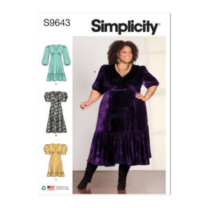 A Simplicity sewing pattern cover, S9643, showcases a plus-size model in a purple dress with puffy sleeves and a ruffled hem. Three additional dress designs are illustrated on the left: a mint green dress, a floral print dress, and a mustard yellow dress.