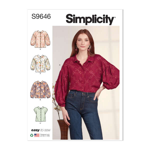 A Simplicity sewing pattern cover for pattern number S9646, featuring a model wearing a maroon blouse with voluminous sleeves. Alongside are three illustrated variations of the blouse in floral and plain fabrics. The pattern is marked as easy-to-sew.