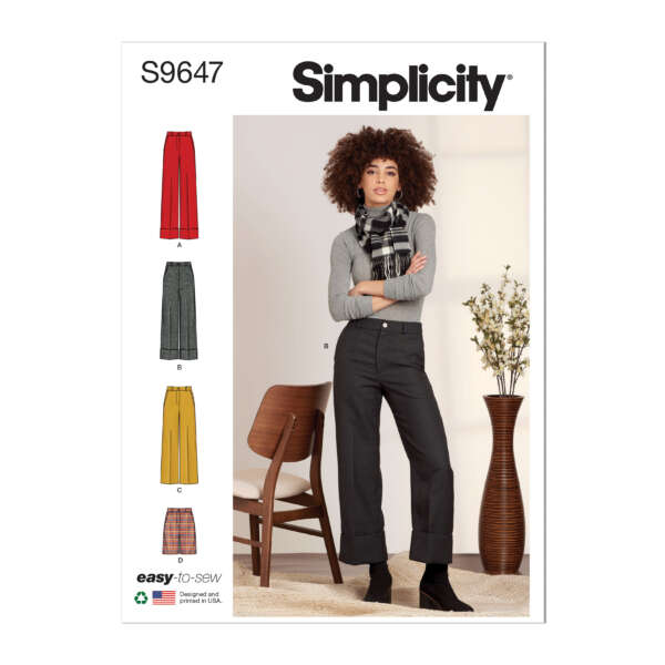 Image of a Simplicity sewing pattern (S9647) for wide-leg trousers. The cover features a model wearing black pants (View B), alongside illustrations of red, gray, yellow, and plaid versions (Views A, B, C, D). The pattern is labeled "easy to sew.