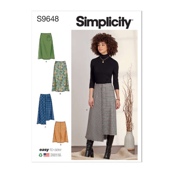 Sewing pattern envelope for Simplicity S9648. The package features a model wearing a long plaid skirt, and illustrations of four different skirt designs (A, B, C, and D) in various fabrics and patterns. The title "easy-to-sew" is also displayed at the bottom.