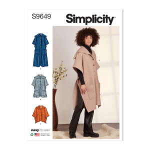 A sewing pattern cover for Simplicity S9649. The cover shows three illustrations of coat variations (A, B, C) on the left, and a model wearing Variation A (a light brown, knee-length coat with a large collar and pockets) on the right. "Easy-to-sew" is noted at the bottom.