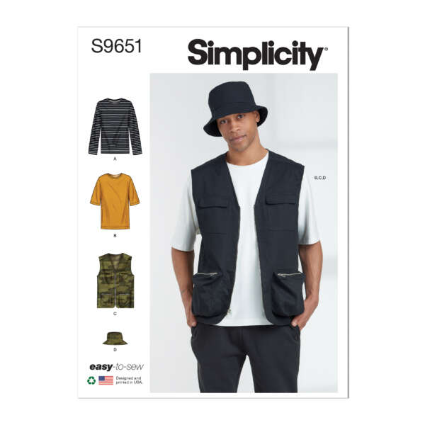 Simplicity sewing pattern S9651 cover shows a man wearing a black bucket hat, white t-shirt, black utility vest, and black pants. The pattern offers designs for a long-sleeve striped shirt, short-sleeve t-shirt, camo utility vest, and the utility vest he is wearing.