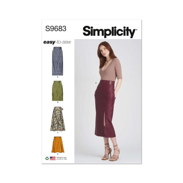 Simplicity sewing pattern S9683 for women's skirts. The cover features a model in a burgundy midi skirt with side slits and buckle detail. The pattern includes designs for a plaid skirt, floral print skirt, and solid color skirt suitable for various fabrics and styles.