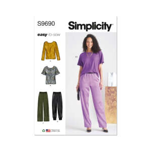 Cover of Simplicity S9690 pattern package titled "easy-to-sew," featuring illustrations of four clothing styles: a yellow top, a sequined top, green pants, and black pants. A model wears a purple top and purple pants on the right side of the cover.