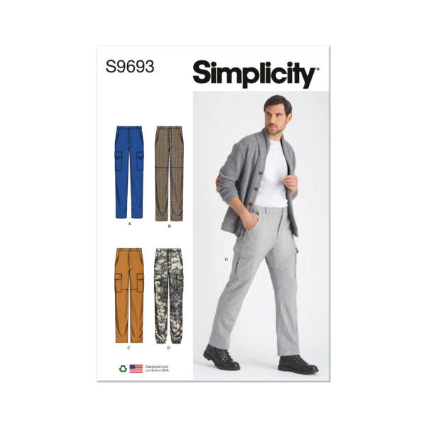 Cover of the Simplicity S9693 sewing pattern. It features a male model wearing gray jogger pants and a cardigan. The pattern includes variations of jogger pants in blue, brown, checked, and camouflage designs, labeled A, B, C, and D.