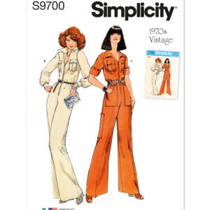 A Simplicity pattern envelope labeled "S9700 - 1970s Vintage" features illustrated designs for women's jumpsuits. Two women are shown wearing belted jumpsuits with collar and patch pockets; one in beige and one in orange. An inset photo of the pattern is also included.