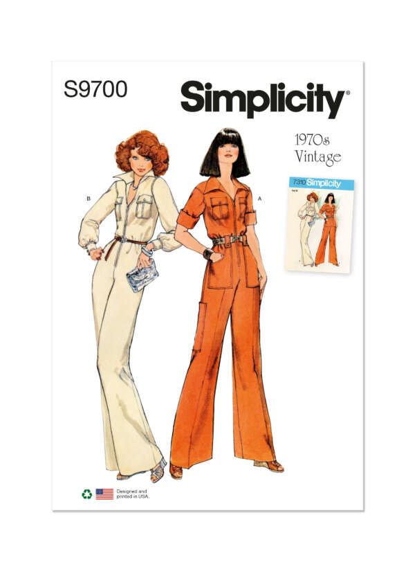 A Simplicity pattern envelope labeled "S9700 - 1970s Vintage" features illustrated designs for women's jumpsuits. Two women are shown wearing belted jumpsuits with collar and patch pockets; one in beige and one in orange. An inset photo of the pattern is also included.