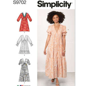 A sewing pattern cover from Simplicity (S9702), featuring a model wearing a long, flowy dress with puff sleeves and a v-neckline. Three dress sketches (A, B, and C) are shown on the left, each with different fabric patterns and sleeve lengths.