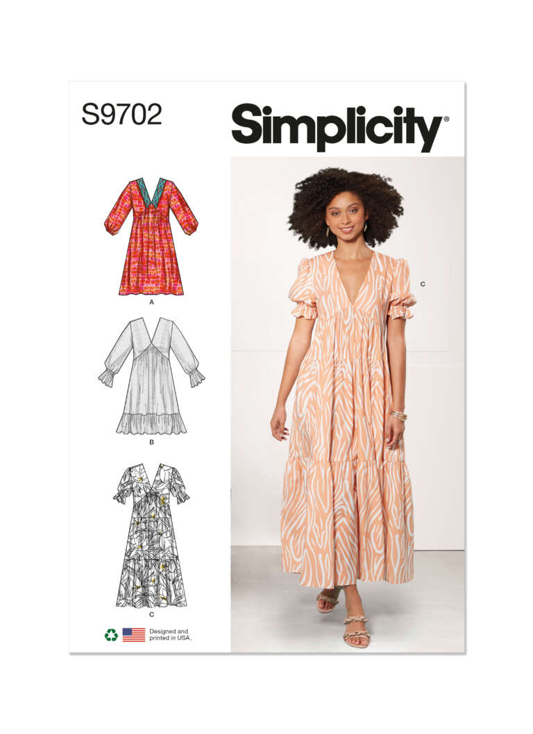 A sewing pattern cover from Simplicity (S9702), featuring a model wearing a long, flowy dress with puff sleeves and a v-neckline. Three dress sketches (A, B, and C) are shown on the left, each with different fabric patterns and sleeve lengths.