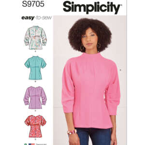 Simplicity sewing pattern S9705 cover showing the "easy-to-sew" series with a model wearing a pink blouse. Illustrations of additional blouse designs (A-D) are displayed on the left, presenting variations in styles, sleeves, and fabrics.