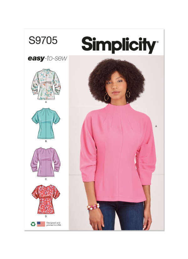 Simplicity sewing pattern S9705 cover showing the "easy-to-sew" series with a model wearing a pink blouse. Illustrations of additional blouse designs (A-D) are displayed on the left, presenting variations in styles, sleeves, and fabrics.