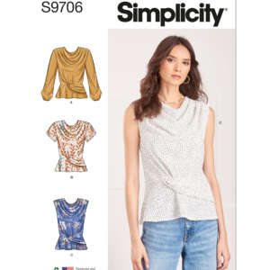 A sewing pattern package for Simplicity S9706. It features a woman wearing a sleeveless polka dot top beside illustrations of three different blouse designs: a long-sleeve draped blouse (A), a short-sleeve blouse with a floral print (B), and a sleeveless blouse (C).