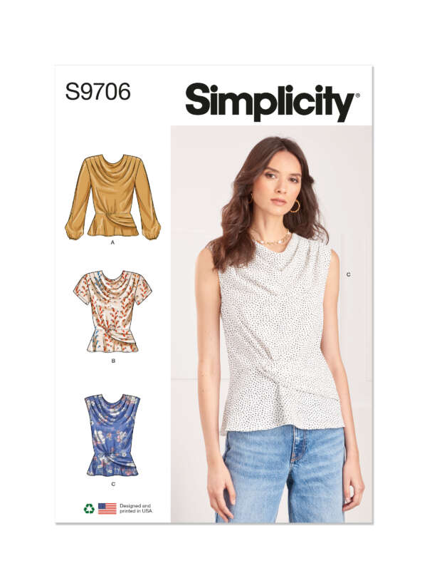 A sewing pattern package for Simplicity S9706. It features a woman wearing a sleeveless polka dot top beside illustrations of three different blouse designs: a long-sleeve draped blouse (A), a short-sleeve blouse with a floral print (B), and a sleeveless blouse (C).