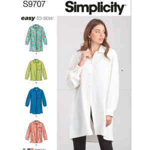 A Simplicity sewing pattern envelope labeled "S9707" and "easy-to-sew." The cover features illustrations of four long-sleeved shirts in different styles and colors. A model wears a white version of the shirt. The Simplicity logo is at the top.