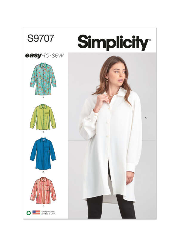 A Simplicity sewing pattern envelope labeled "S9707" and "easy-to-sew." The cover features illustrations of four long-sleeved shirts in different styles and colors. A model wears a white version of the shirt. The Simplicity logo is at the top.