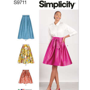 Cover of Simplicity sewing pattern S9711 featuring three skirt designs (A, B, C). Skirt A is blue with horizontal pleats. Skirt B is floral with a full shape. Skirt C is pink, belted, and full. A model wears Skirt C with a white blouse and pink shoes.