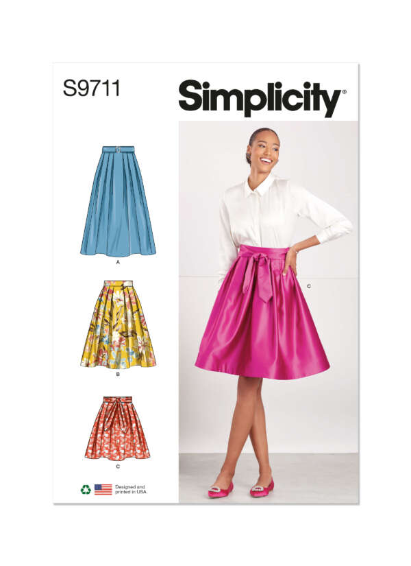 Cover of Simplicity sewing pattern S9711 featuring three skirt designs (A, B, C). Skirt A is blue with horizontal pleats. Skirt B is floral with a full shape. Skirt C is pink, belted, and full. A model wears Skirt C with a white blouse and pink shoes.