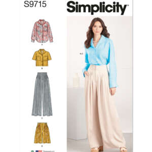 The Simplicity sewing pattern S9715 features designs for a blouse, collared shirt, and wide-leg palazzo pants. The cover shows a model wearing a light blue blouse (A/C) and cream-colored pants (C) with illustrations of the other styles (B/D) on the left.