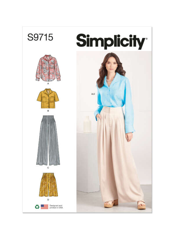 The Simplicity sewing pattern S9715 features designs for a blouse, collared shirt, and wide-leg palazzo pants. The cover shows a model wearing a light blue blouse (A/C) and cream-colored pants (C) with illustrations of the other styles (B/D) on the left.