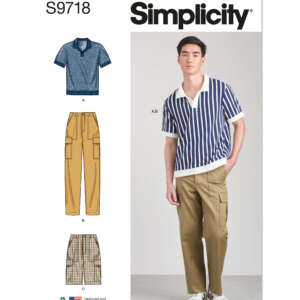 Sewing pattern cover labeled "Simplicity S9718." Features a young male model wearing a striped short-sleeve shirt and khaki cargo pants. Illustrations show options for a short-sleeve shirt, cargo pants, and shorts. Design details and recycling symbol included.