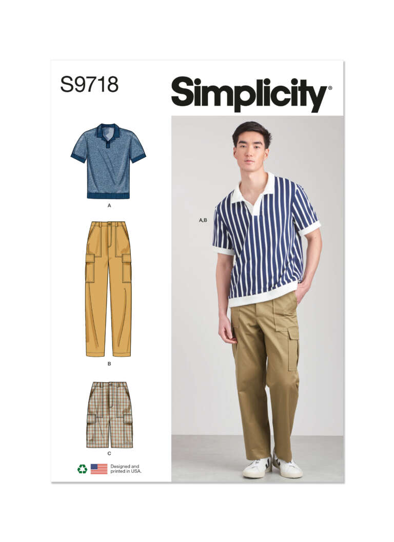 Sewing pattern cover labeled "Simplicity S9718." Features a young male model wearing a striped short-sleeve shirt and khaki cargo pants. Illustrations show options for a short-sleeve shirt, cargo pants, and shorts. Design details and recycling symbol included.
