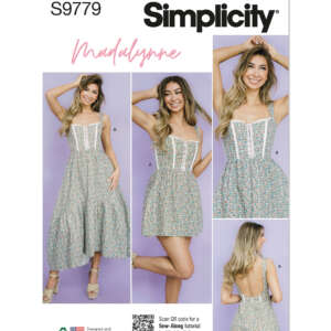 Simplicity pattern S9779 cover. Model showcases two variations of a sleeveless dress with floral print. Left: longer hem, front view. Center: shorter hem, front view. Right: back view of both variations. Includes QR code for tutorial by Maddie Kulig.