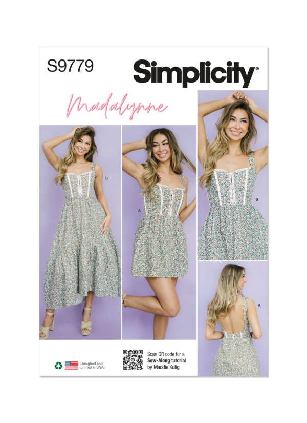 Simplicity pattern S9779 cover. Model showcases two variations of a sleeveless dress with floral print. Left: longer hem, front view. Center: shorter hem, front view. Right: back view of both variations. Includes QR code for tutorial by Maddie Kulig.