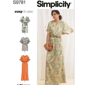 Simplicity S9781 easy-to-sew dress pattern cover showing a model wearing a long, floral dress (option C). Includes drawings of three dress styles: short floral (A), short paisley (B), and long orange (C). Text: Designed and printed in the USA.