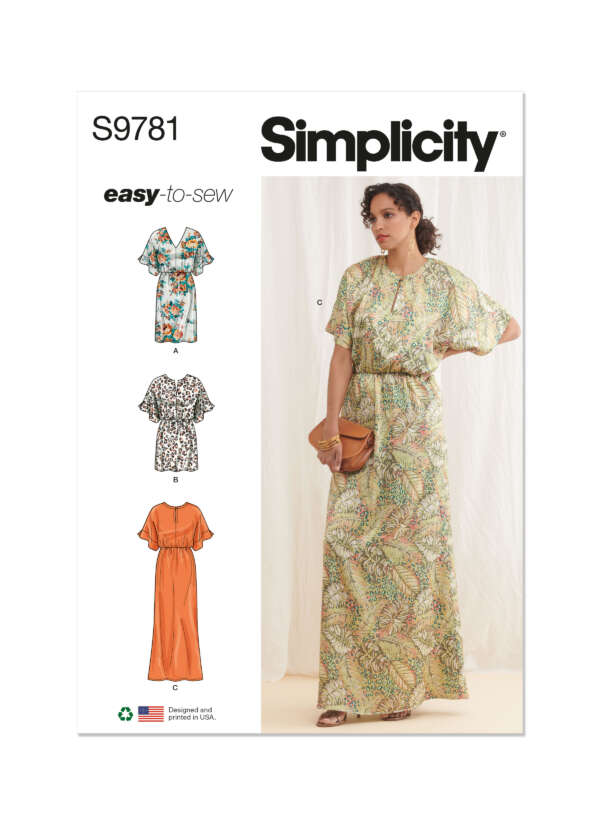 Simplicity S9781 easy-to-sew dress pattern cover showing a model wearing a long, floral dress (option C). Includes drawings of three dress styles: short floral (A), short paisley (B), and long orange (C). Text: Designed and printed in the USA.