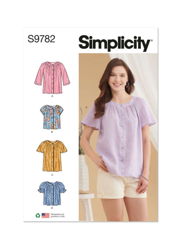 A sewing pattern envelope for Simplicity S9782. It features a woman wearing a light purple button-up blouse with short sleeves and light-colored shorts. To her left are illustrations of various blouse styles labeled A, B, C, and D in different colors and patterns.