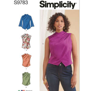 Sewing pattern cover for Simplicity S9783 displaying four tops and a model wearing a sleeveless, ruched purple blouse. Each top variation includes different designs: long-sleeve blue, floral sleeveless, sleeveless in orange knit, and sleeveless green.
