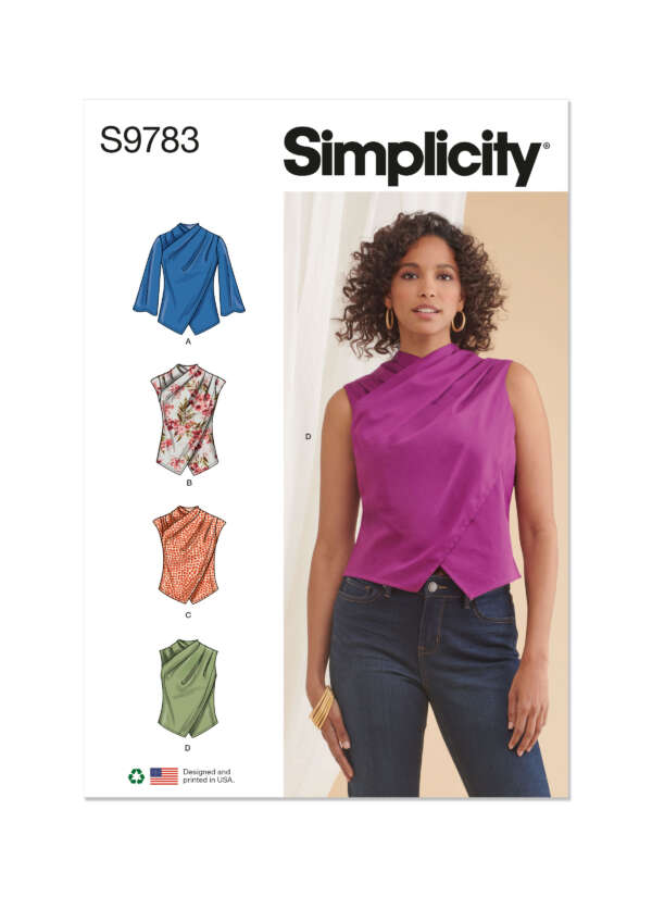 Sewing pattern cover for Simplicity S9783 displaying four tops and a model wearing a sleeveless, ruched purple blouse. Each top variation includes different designs: long-sleeve blue, floral sleeveless, sleeveless in orange knit, and sleeveless green.