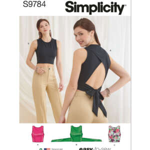 A sewing pattern cover for Simplicity S9784 shows two models wearing different versions of a sleeveless top with an open back and tie detail. Below the models are illustrations of the top in various fabrics, including solid colors and a floral print. Text reads "easy-to-sew.