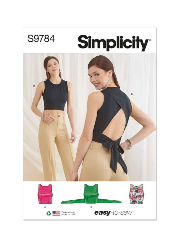 A sewing pattern cover for Simplicity S9784 shows two models wearing different versions of a sleeveless top with an open back and tie detail. Below the models are illustrations of the top in various fabrics, including solid colors and a floral print. Text reads "easy-to-sew.