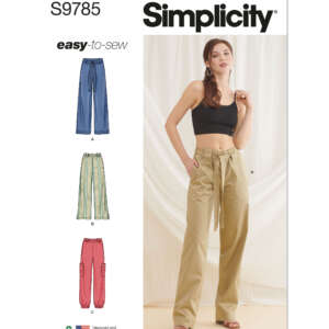 Simplicity S9785 sewing pattern cover featuring a model wearing high-waisted wide-leg pants (pattern A). The pattern offers three designs: A- plain pants, B- striped pants with a tie, and C- cargo pants with pockets. "Easy-to-sew" and recycling symbol shown.