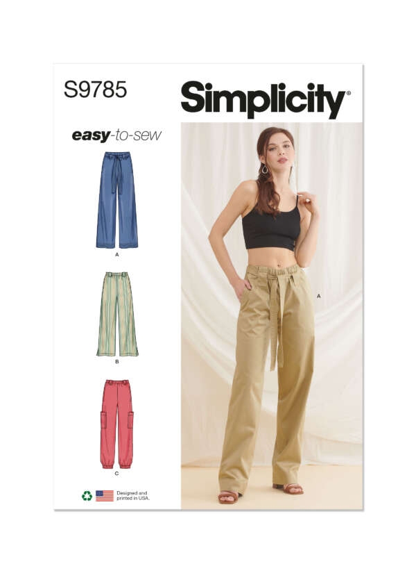 Simplicity S9785 sewing pattern cover featuring a model wearing high-waisted wide-leg pants (pattern A). The pattern offers three designs: A- plain pants, B- striped pants with a tie, and C- cargo pants with pockets. "Easy-to-sew" and recycling symbol shown.