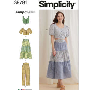 Simplicity S9791 pattern cover showing a woman wearing a blue tiered skirt and crop top. Illustrated options include two crop tops (one with puff sleeves), two multi-layered skirts, and pants. Labeled "easy-to-sew" with recycling symbol and USA origin note.