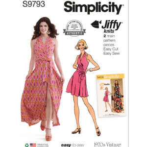 A Simplicity sewing pattern package (S9793) featuring a woman wearing a long, sleeveless, pink dress with a geometric print and a thigh-high slit. An illustrated woman in a similar mid-length dress is also shown. The package mentions "Jiffy Knits" and "1970s Vintage.