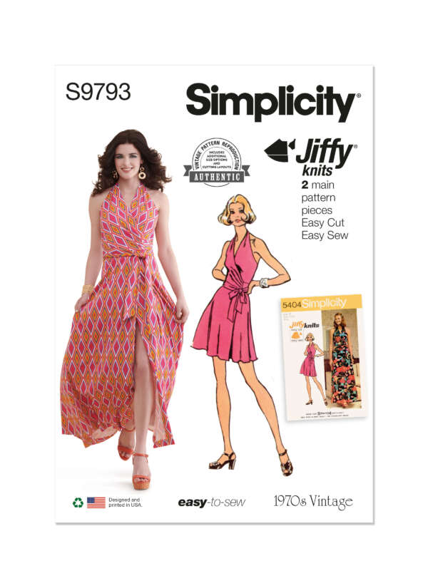 A Simplicity sewing pattern package (S9793) featuring a woman wearing a long, sleeveless, pink dress with a geometric print and a thigh-high slit. An illustrated woman in a similar mid-length dress is also shown. The package mentions "Jiffy Knits" and "1970s Vintage.