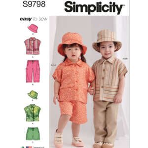 Simplicity sewing pattern S9798 cover displays two young children wearing outfits made from the pattern. One child wears an orange floral top, shorts, and matching hat, while the other wears a striped shirt, tan pants, and striped hat. Additional pattern views are shown on the left.