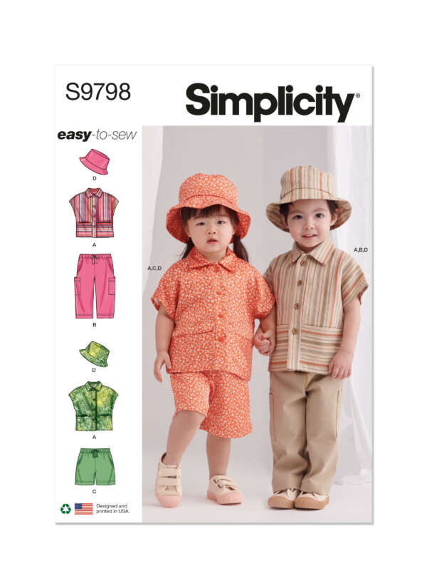 Simplicity sewing pattern S9798 cover displays two young children wearing outfits made from the pattern. One child wears an orange floral top, shorts, and matching hat, while the other wears a striped shirt, tan pants, and striped hat. Additional pattern views are shown on the left.