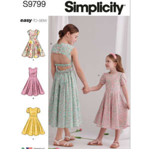 A Simplicity sewing pattern cover (S9799) labeled "easy-to-sew." It shows two girls wearing different dress styles. One wears a sleeveless, open-back dress, and the other a short-sleeve dress with a bow. Small illustrations of three dress designs (A, B, C) are on the left.